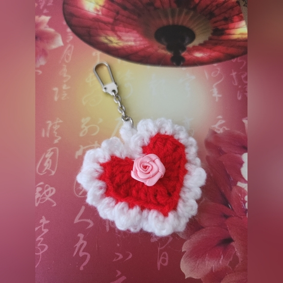 2/$20 Handmade Crochet Heart and Rose Keychain / Pocket Hug - Picture 1 of 4
